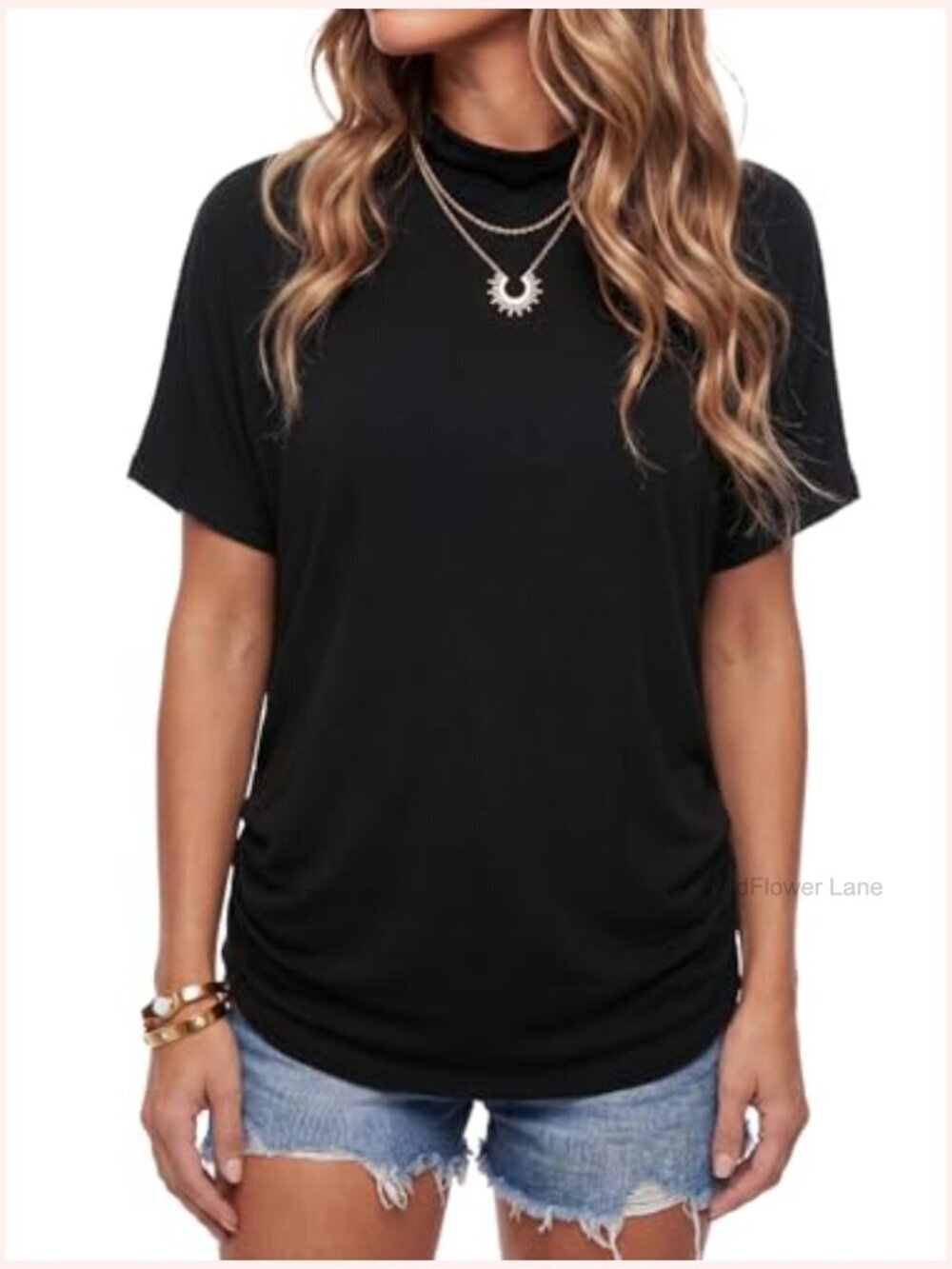 High Mock Neck Batwing Short Sleeve Blouse Asymmetric Hem Casual Top - Picture 2 of 7